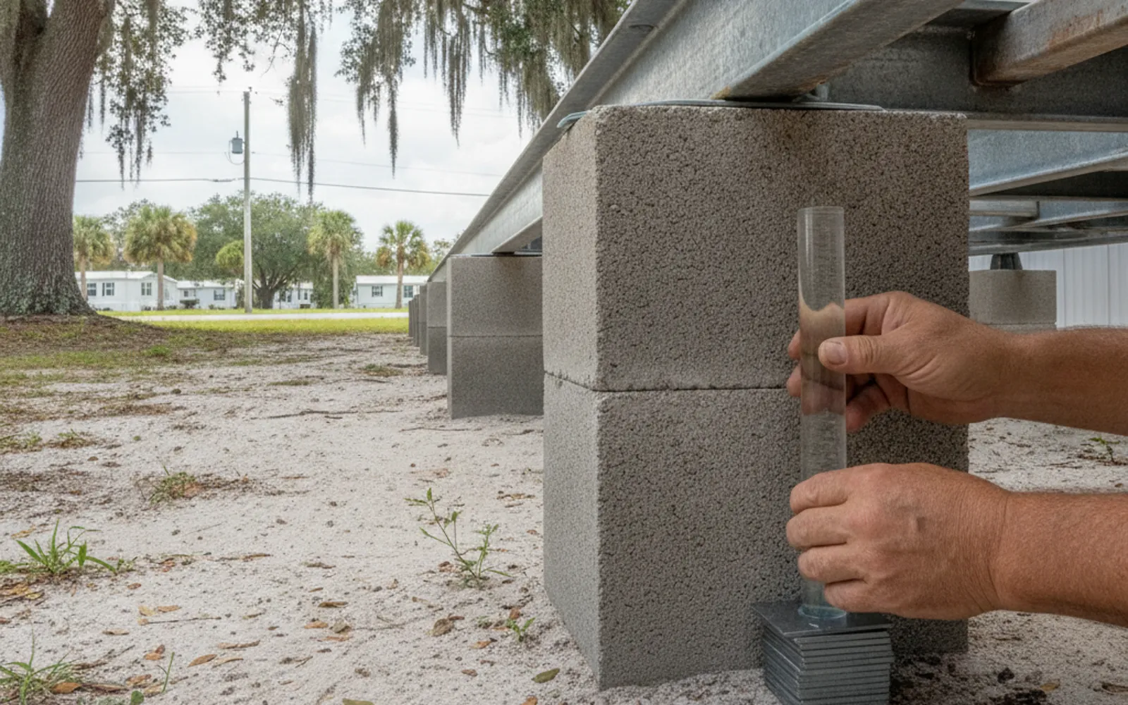 Technician setting a hydraulic jack under a mobile home frame
