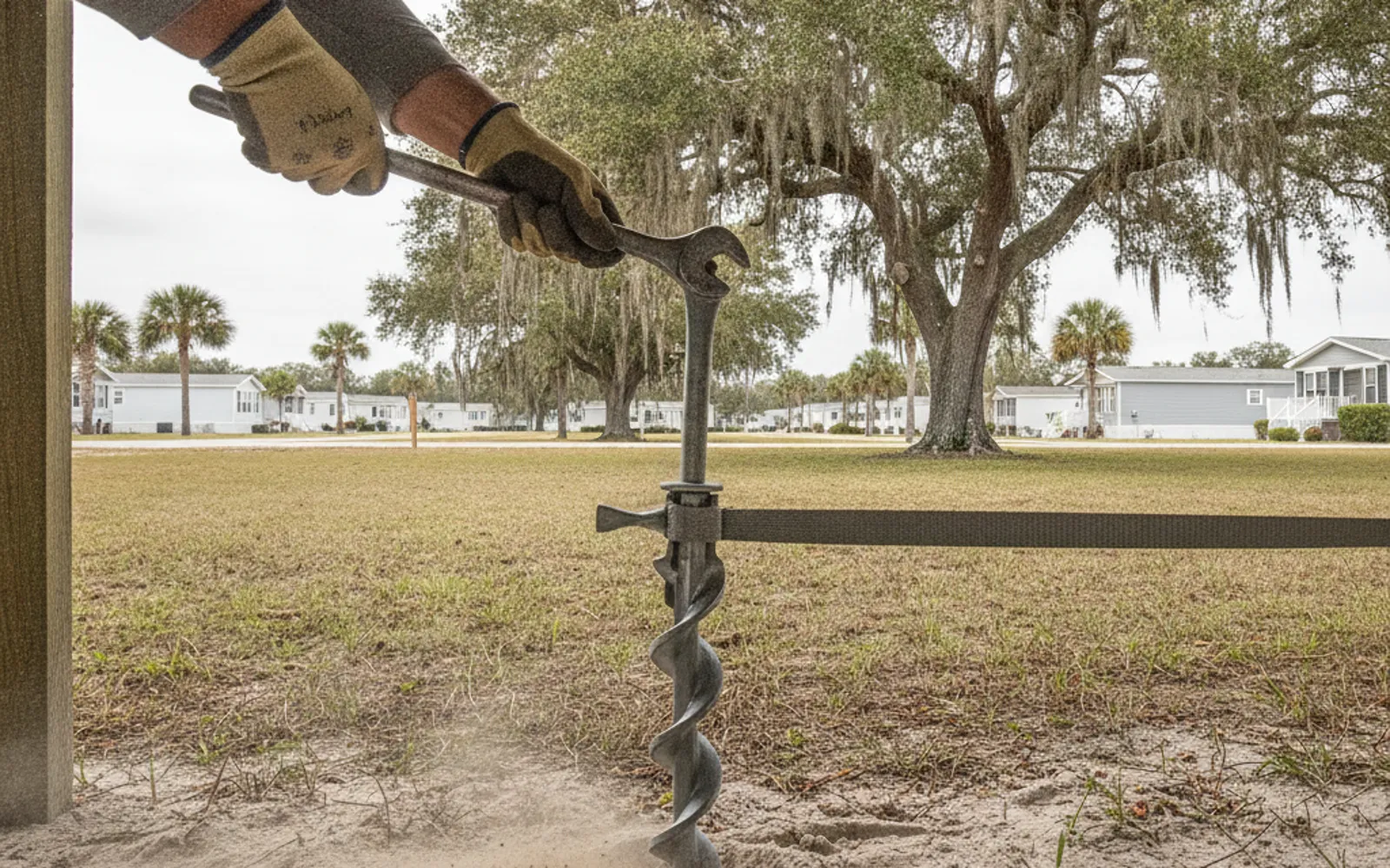 New ground anchor and strap installed under a mobile home