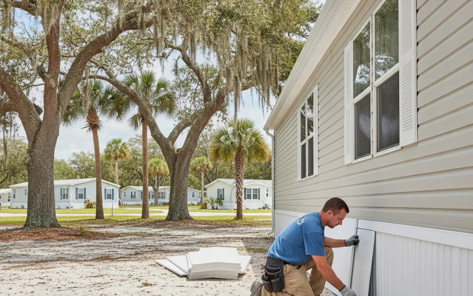 Crew installing new skirting around a mobile home